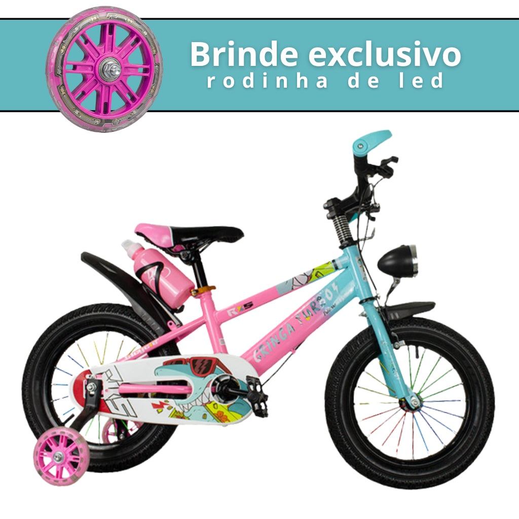 Bicicleta Infantil Aro 14 rosa 3 a 7 Anos Estilo Shark com LED + Pneu Grosso + R